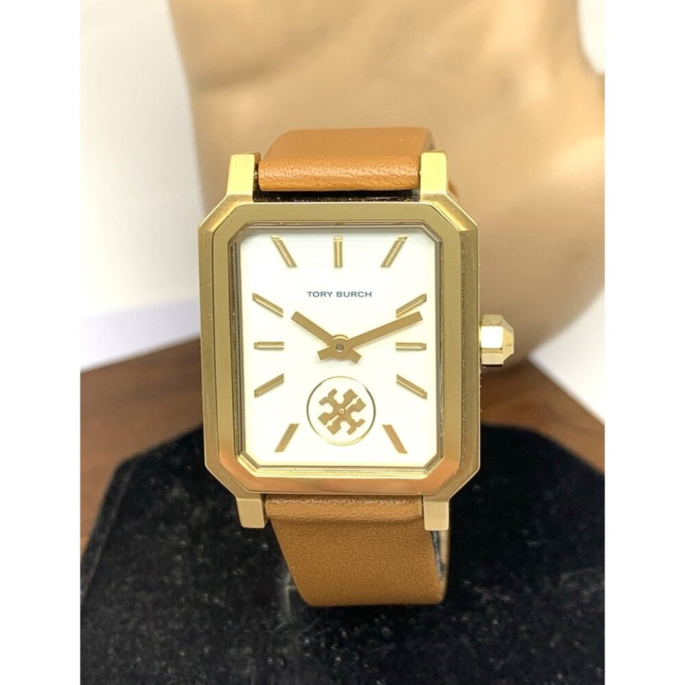 Tory Burch Gold Tone Rectangular Watch with Brown Leather Strap